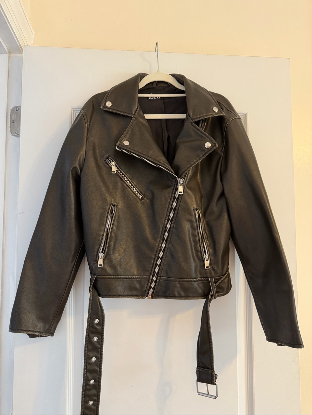 Zara Black Faux Leather Biker Jacket with Belt